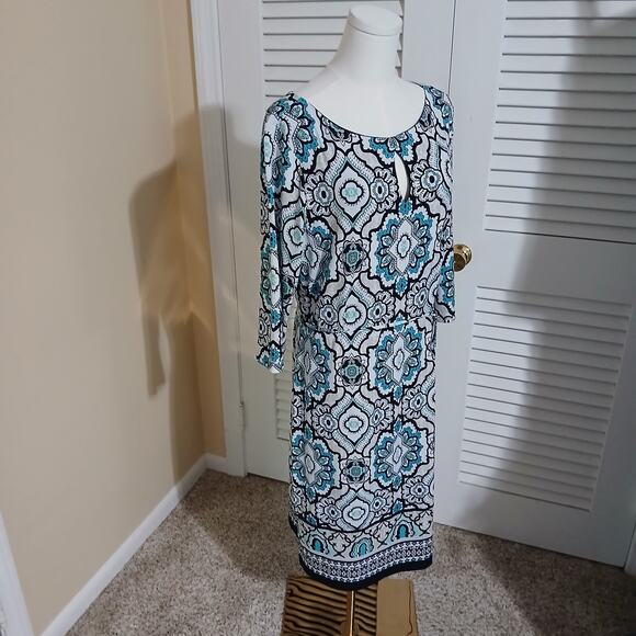 Liz Claiborne Large 5/8th-Sleeve Aqua/Black/White Geometric design Shift Dress - Picture 6 of 14